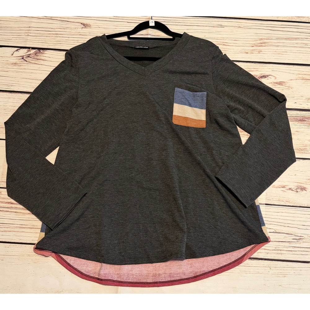 Heimish USA Womens V-Neck Long Sleeve Striped Contrast Back Swing Top Charcoal L